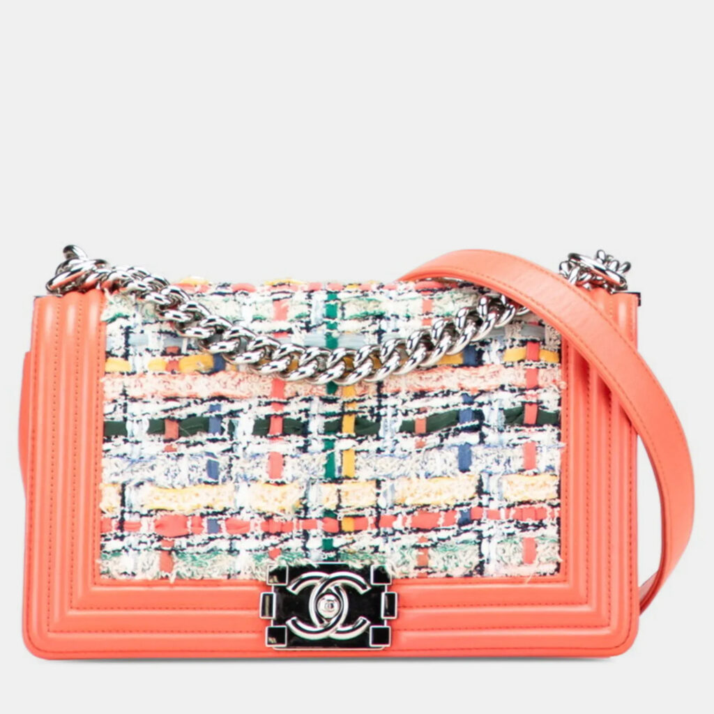 Chanel Boy Orange Multicolored Tweed Leather Shoulder Bag Chanel Boy Orange Multicolored Tweed Leather Shoulder Bag