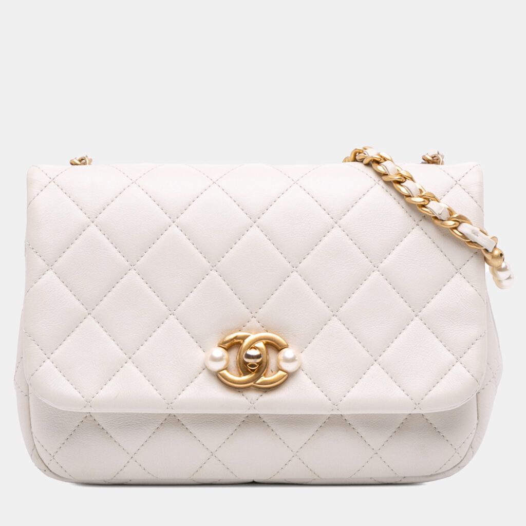 Chanel White Mini Glazed Calfskin Pearl Side Flap Chanel White Mini Glazed Calfskin Pearl Side Flap