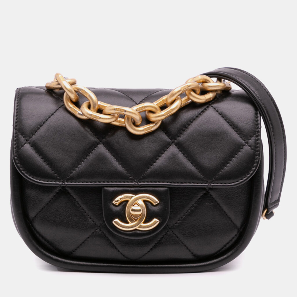 Chanel Black Mini CC Quilted Calfskin Round Moon Messenger Flap Bag Chanel Black Mini CC Quilted Calfskin Round Moon Messenger Flap Bag