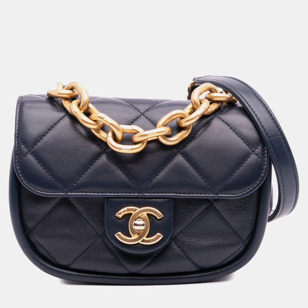 Chanel Navy Blue Mini CC Quilted Calfskin Round Moon Messenger Flap Bag Chanel Navy Blue Mini CC Quilted Calfskin Round Moon Messenger Flap Bag