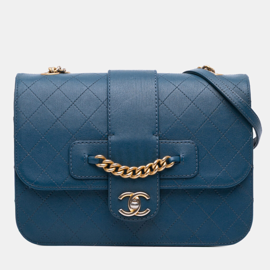 Chanel Blue Large Quilted Sheepskin Front Chain Flap Chanel Blue Large Quilted Sheepskin Front Chain Flap