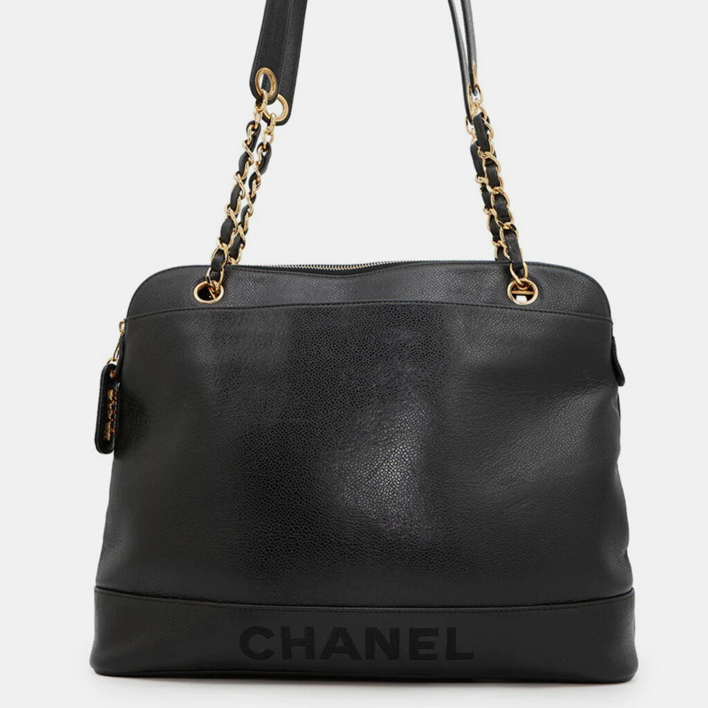 Chanel Logo Black Caviar Leather Chain Shoulder Bag Chanel Logo Black Caviar Leather Chain Shoulder Bag