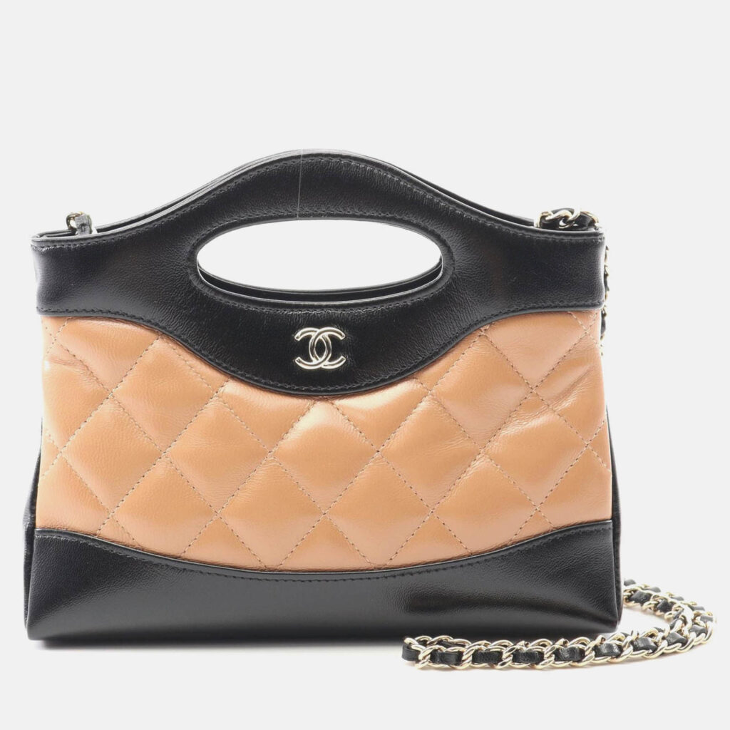 Chanel 31 Nano 2Way Chain Shoulder Handbag Leather Black Beige Ghw Chanel 31 Nano 2Way Chain Shoulder Handbag Leather Black Beige Ghw