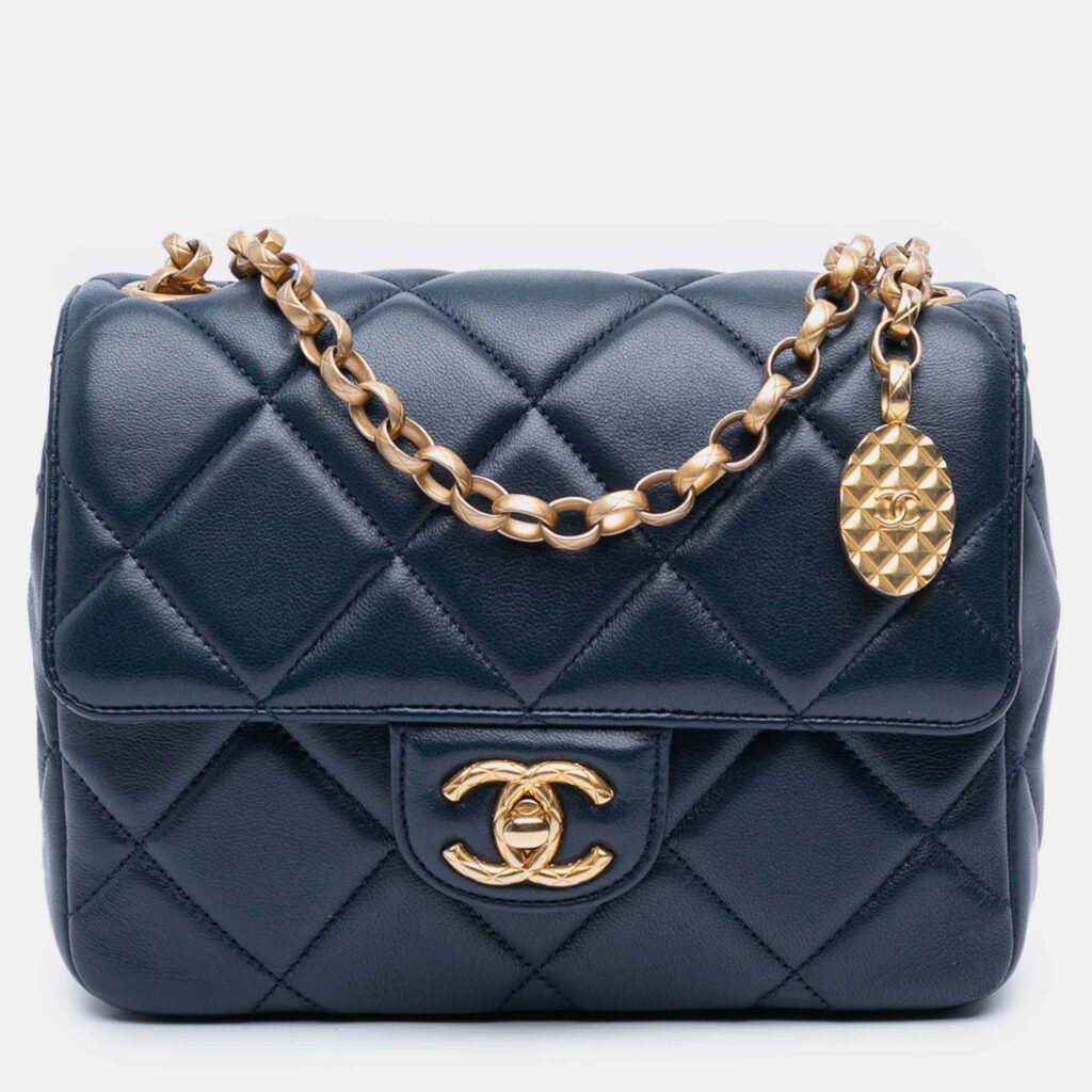 Chanel Navy Blue Mini Square Quilted Lambskin Bijoux Logo Chain Flap Chanel Navy Blue Mini Square Quilted Lambskin Bijoux Logo Chain Flap