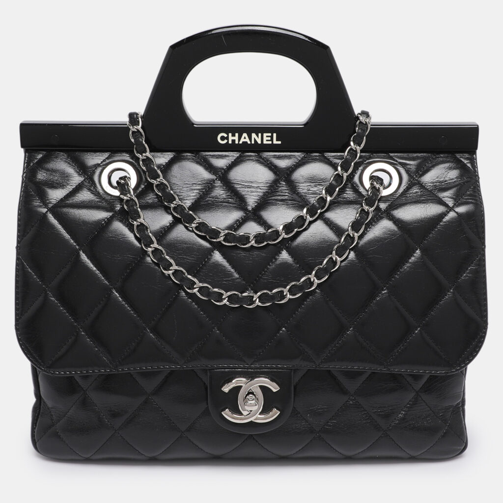 luxury-women-chanel-used-handbags-p1204381-001-1.jpg Chanel Black Quilted Glazed Leather Small CC Delivery Bag