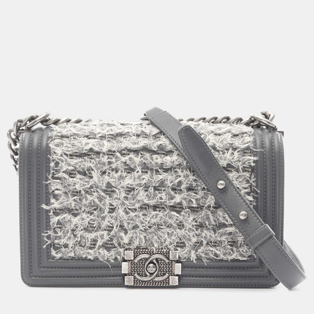 Chanel Grey Old Medium Braided Tweed and Calfskin Boy Flap Chanel Grey Old Medium Braided Tweed and Calfskin Boy Flap
