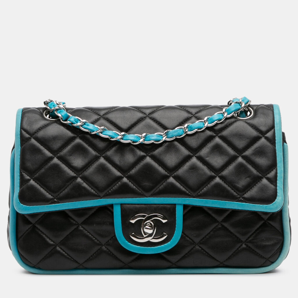 Chanel Black Blue Medium Classic Bicolor Quilted Lambskin Double Flap