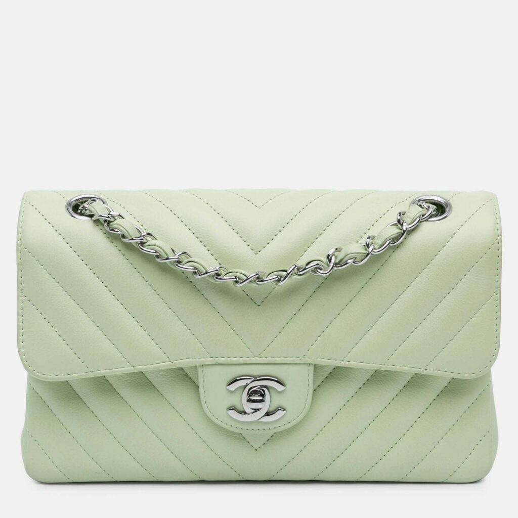 Chanel Classic Double Flap Small Green Chevron Lambskin Shoulder Bag Chanel Classic Double Flap Small Green Chevron Lambskin Shoulder Bag