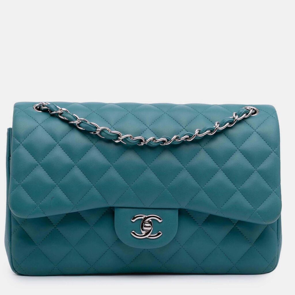 Chanel Classic Double Flap Jumbo Blue Lambskin Shoulder Bag Chanel Classic Double Flap Jumbo Blue Lambskin Shoulder Bag