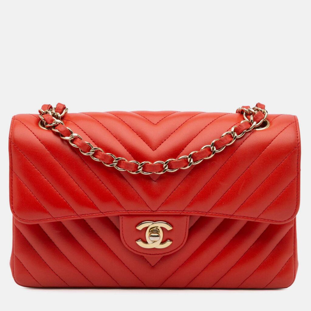 Chanel Classic Double Flap Small Orange Chevron Lambskin Shoulder Bag Chanel Classic Double Flap Small Orange Chevron Lambskin Shoulder Bag