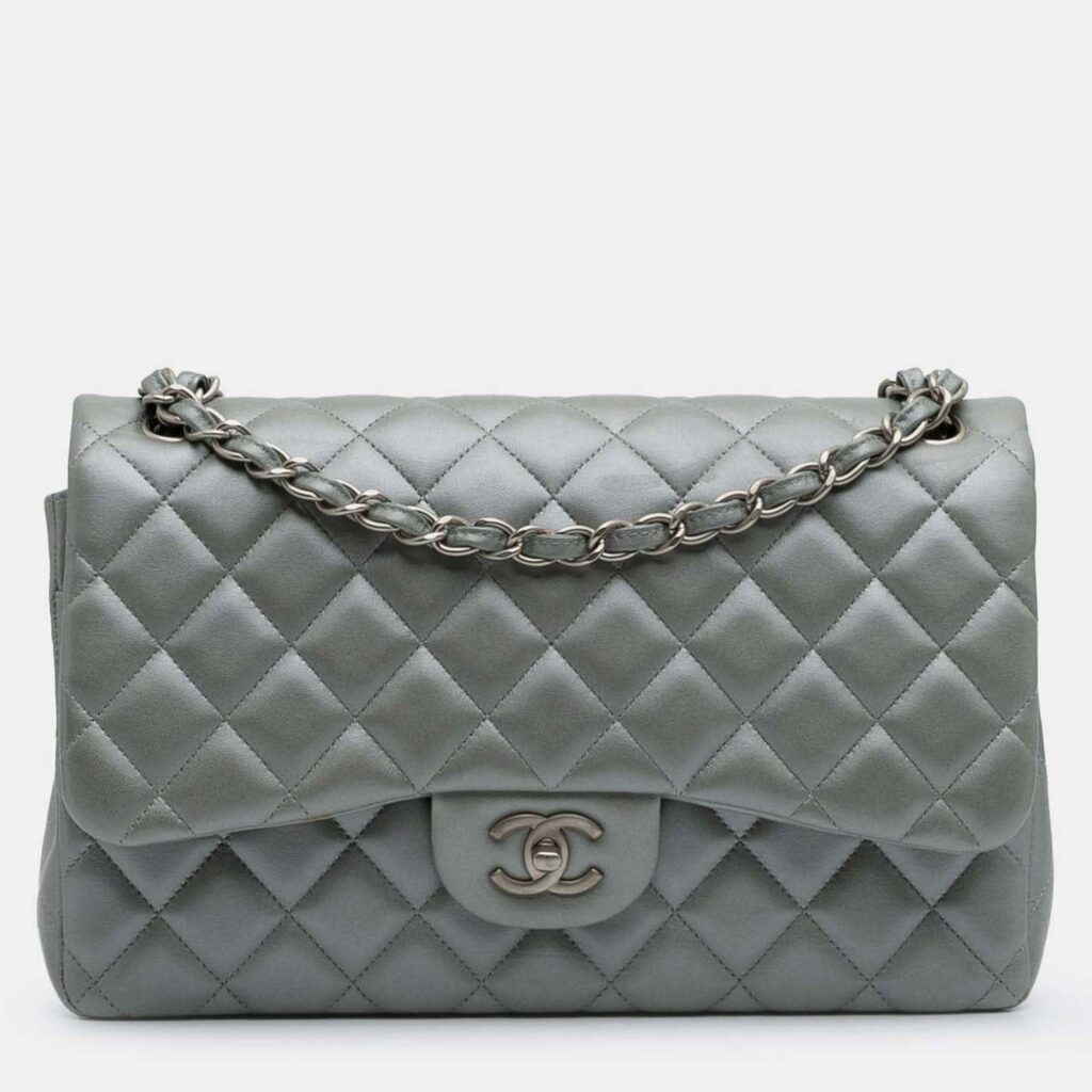 Chanel Classic Double Flap Jumbo Silver Lambskin Shoulder Bag Chanel Classic Double Flap Jumbo Silver Lambskin Shoulder Bag