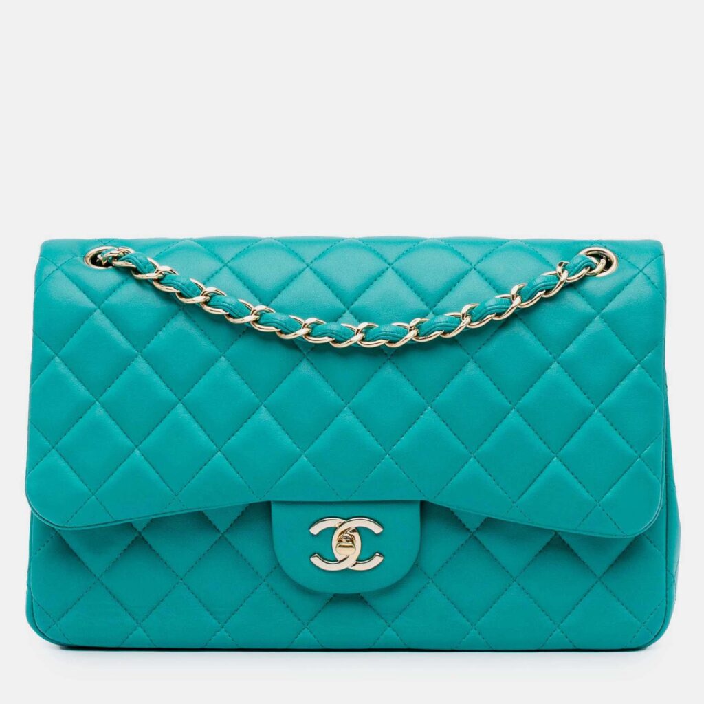 Chanel Classic Double Flap Jumbo Blue Lambskin Shoulder Bag Chanel Classic Double Flap Jumbo Blue Lambskin Shoulder Bag