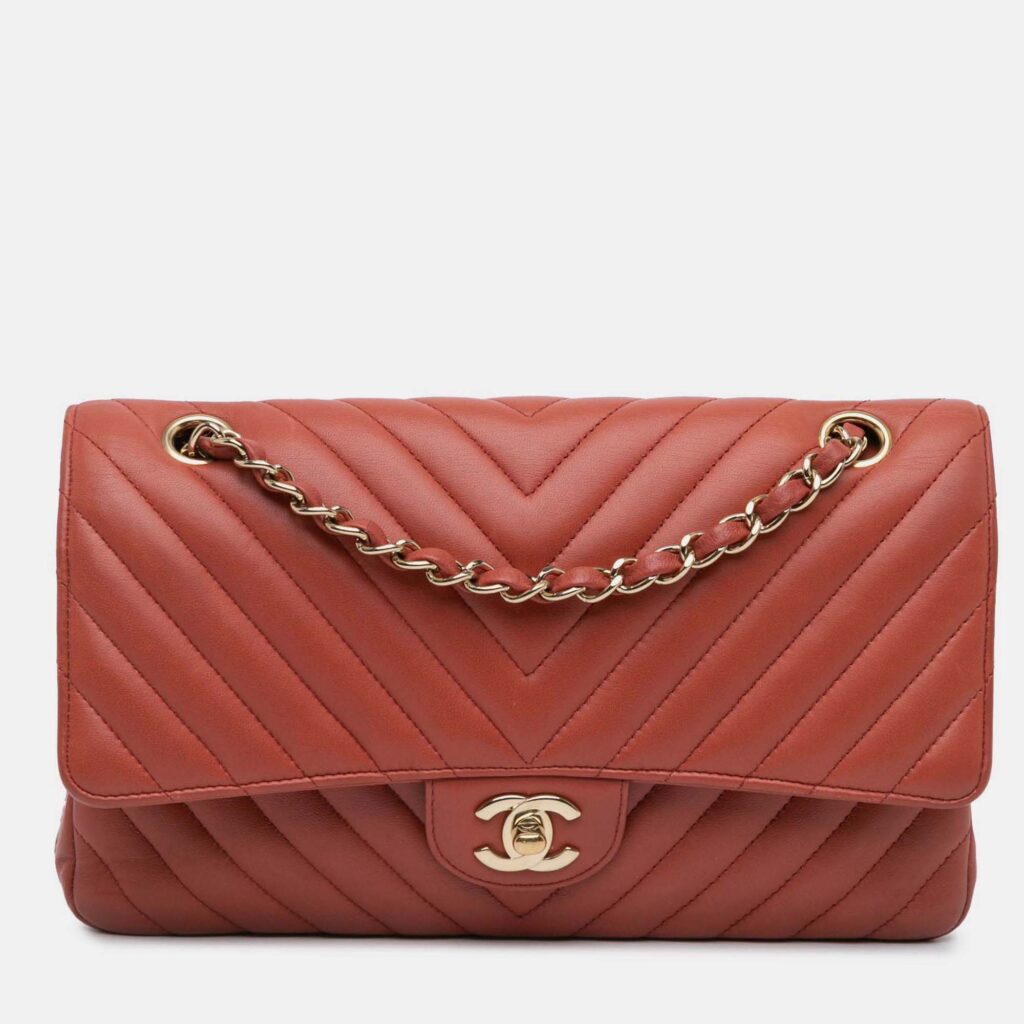Chanel Classic Double Flap Medium Orange Chevron Lambskin Shoulder Bag Chanel Classic Double Flap Medium Orange Chevron Lambskin Shoulder Bag