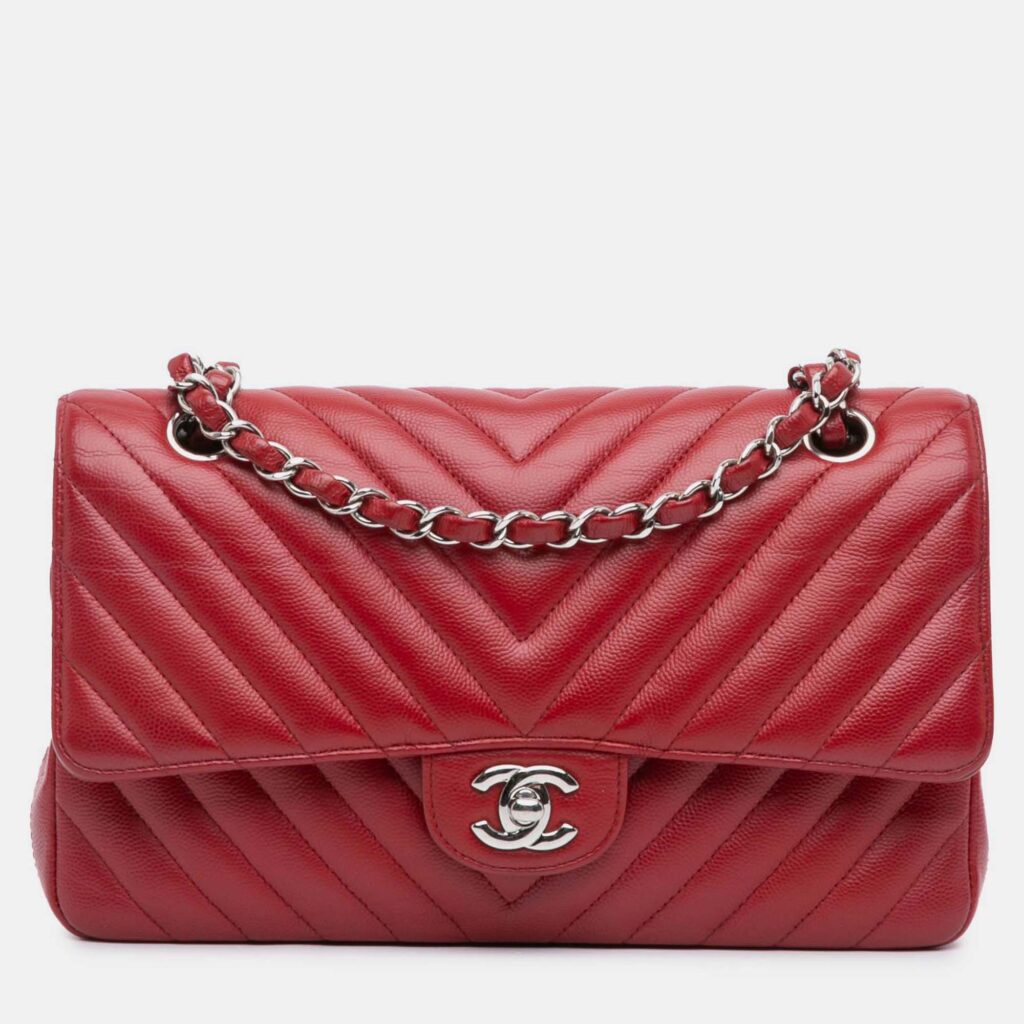 Chanel Classic Double Flap Medium Red Chevron Caviar Shoulder Bag Chanel Classic Double Flap Medium Red Chevron Caviar Shoulder Bag