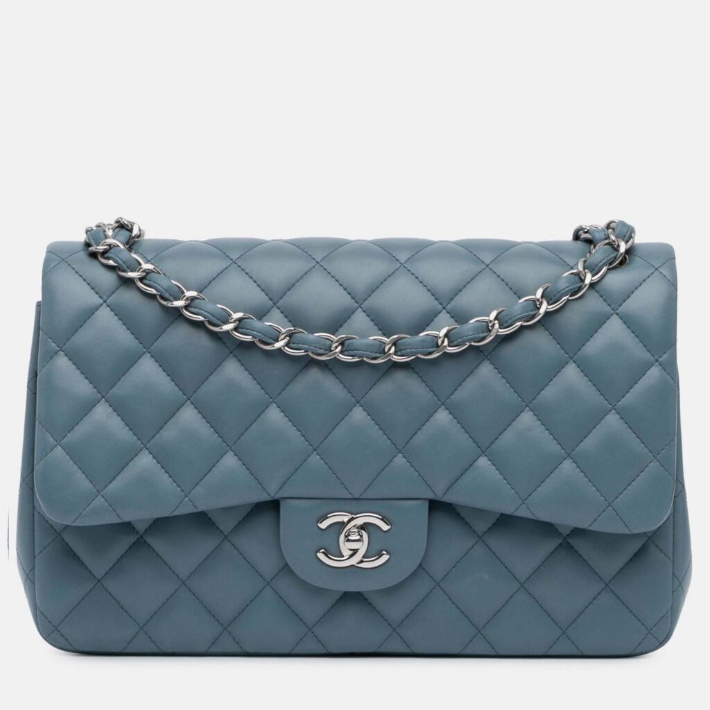 Chanel Classic Double Flap Jumbo Blue Lambskin Shoulder Bag Chanel Classic Double Flap Jumbo Blue Lambskin Shoulder Bag