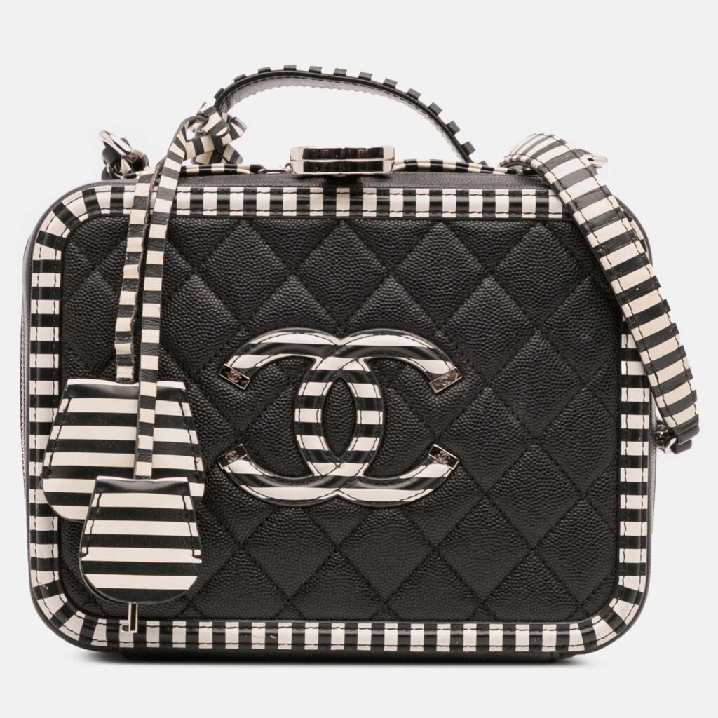 luxury-women-chanel-used-handbags-p1204812-012-1.jpg Chanel Black White Small Caviar Striped CC Filigree Vanity Case