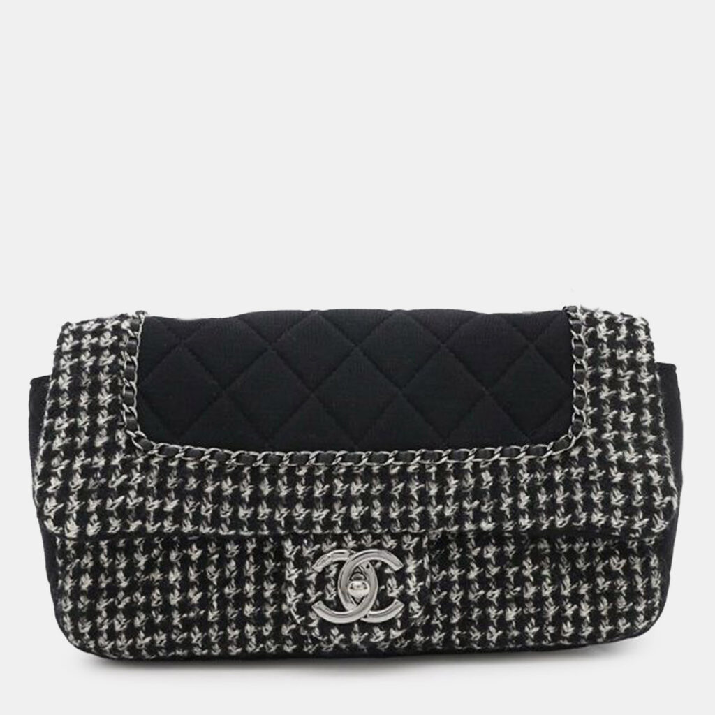Chanel Black White Medium Quilted Jersey and Tweed Chain Flap Chanel Black White Medium Quilted Jersey and Tweed Chain Flap