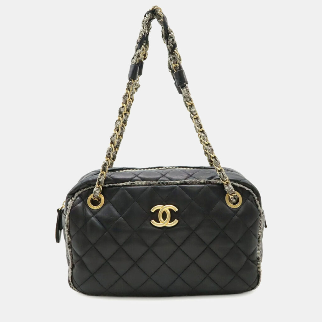 Chanel Matelasse Coco Mark Black Lambskin and Tweed Shoulder Bag Chanel Matelasse Coco Mark Black Lambskin and Tweed Shoulder Bag
