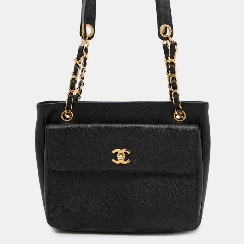 Chanel CC Logo Black Caviar Leather Chain Tote Bag Chanel CC Logo Black Caviar Leather Chain Tote Bag