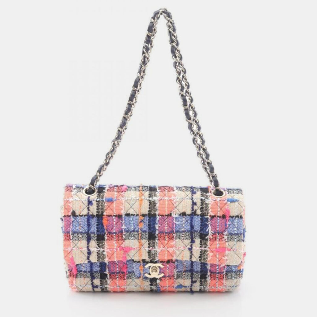 Chanel Matelasse Double Flap Chain Shoulder Bag Fabric Leather Beige Multi Ghw Chanel Matelasse Double Flap Chain Shoulder Bag Fabric Leather Beige Multi Ghw