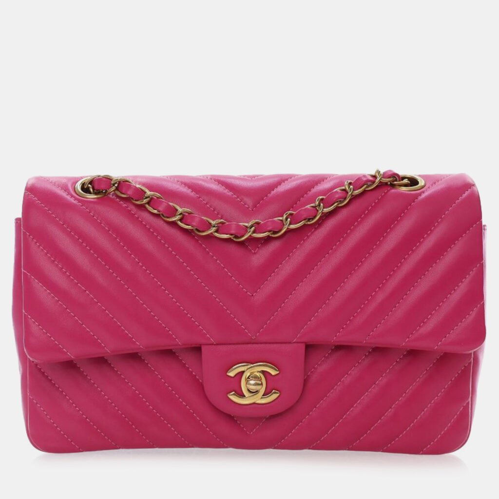 Chanel Pink Medium Classic Chevron Lambskin Double Flap Chanel Pink Medium Classic Chevron Lambskin Double Flap