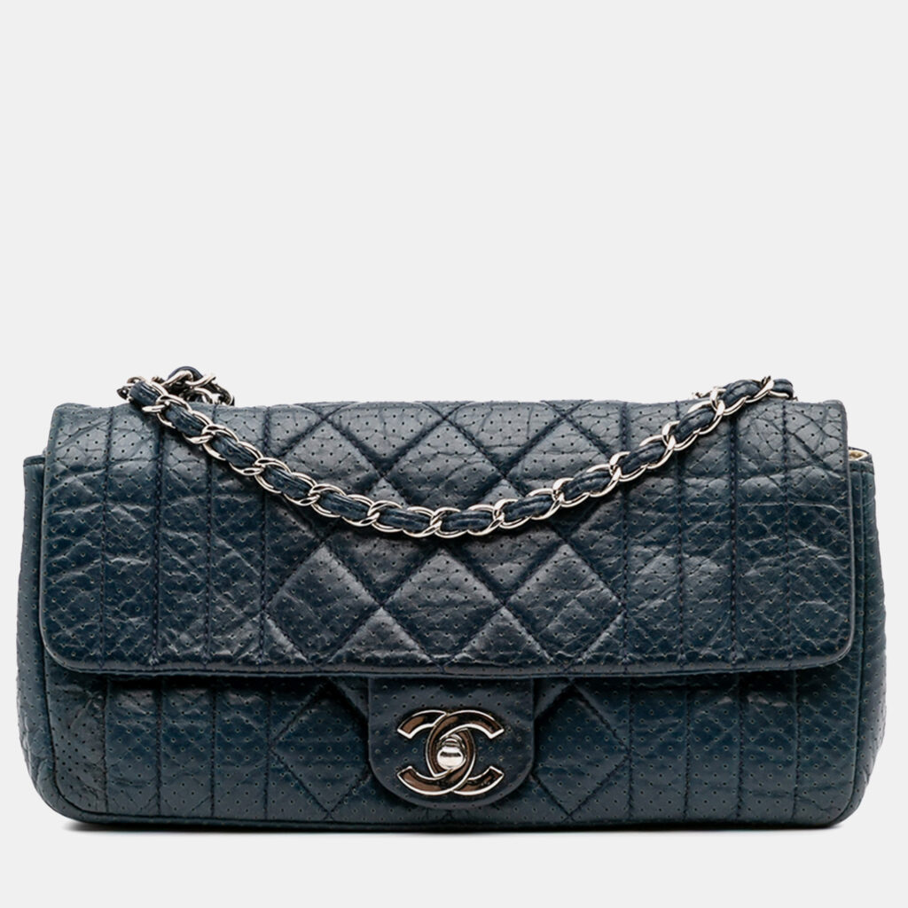 Chanel Navy Blue CC Quilted Perforated Aged Calfskin Flap Chanel Navy Blue CC Quilted Perforated Aged Calfskin Flap