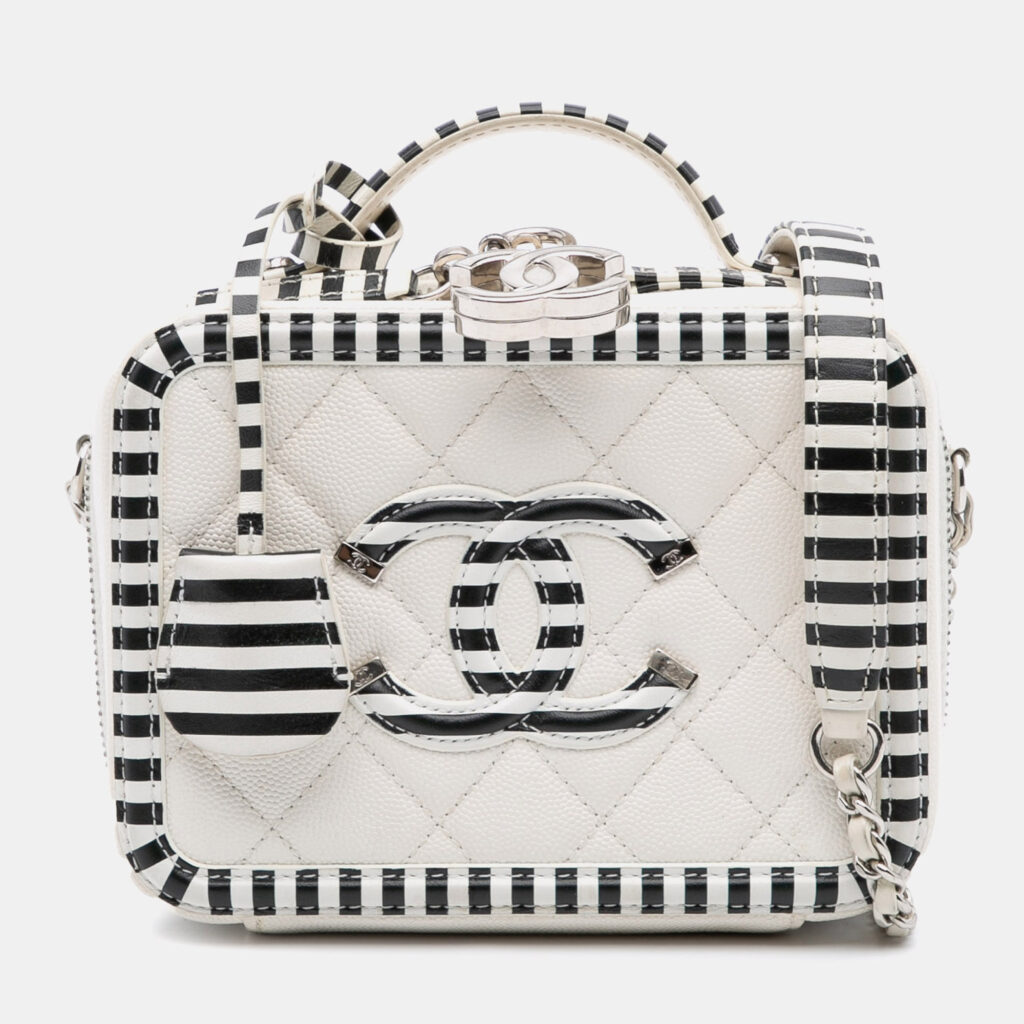 Chanel White Small Caviar Striped CC Filigree Vanity Case Chanel White Small Caviar Striped CC Filigree Vanity Case