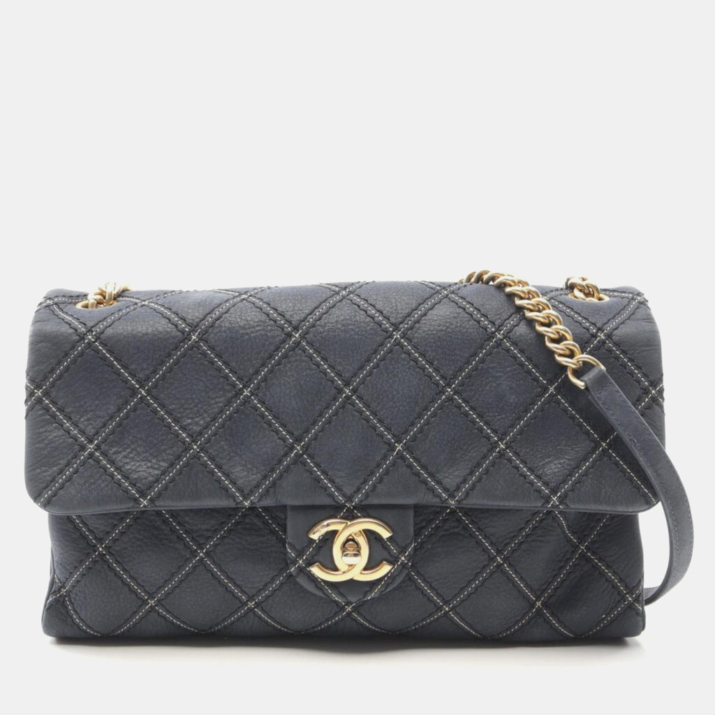 Chanel Metallic Stitch Navy Calfskin Leather Flap Bag Chanel Metallic Stitch Navy Calfskin Leather Flap Bag