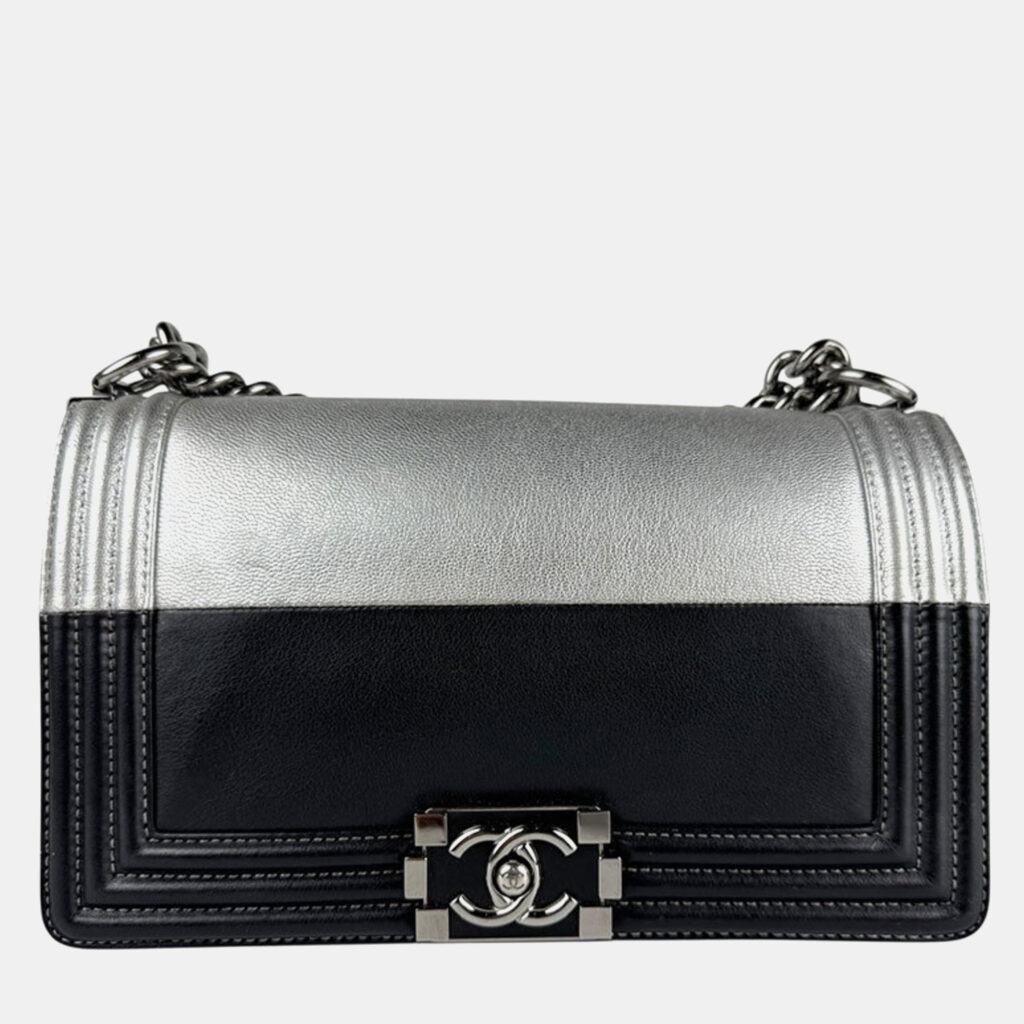 Chanel Boy Black Silver Leather Shoulder Bag Chanel Boy Black Silver Leather Shoulder Bag