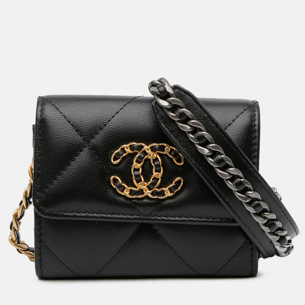 Chanel Black Lambskin 19 Flap Coin Purse With Chain