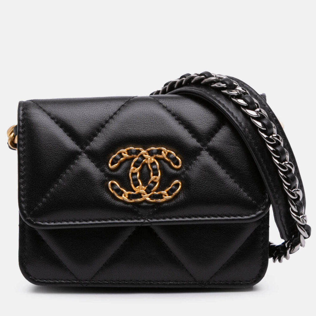 Chanel Black Lambskin 19 Flap Coin Purse With Chain Chanel Black Lambskin 19 Flap Coin Purse With Chain