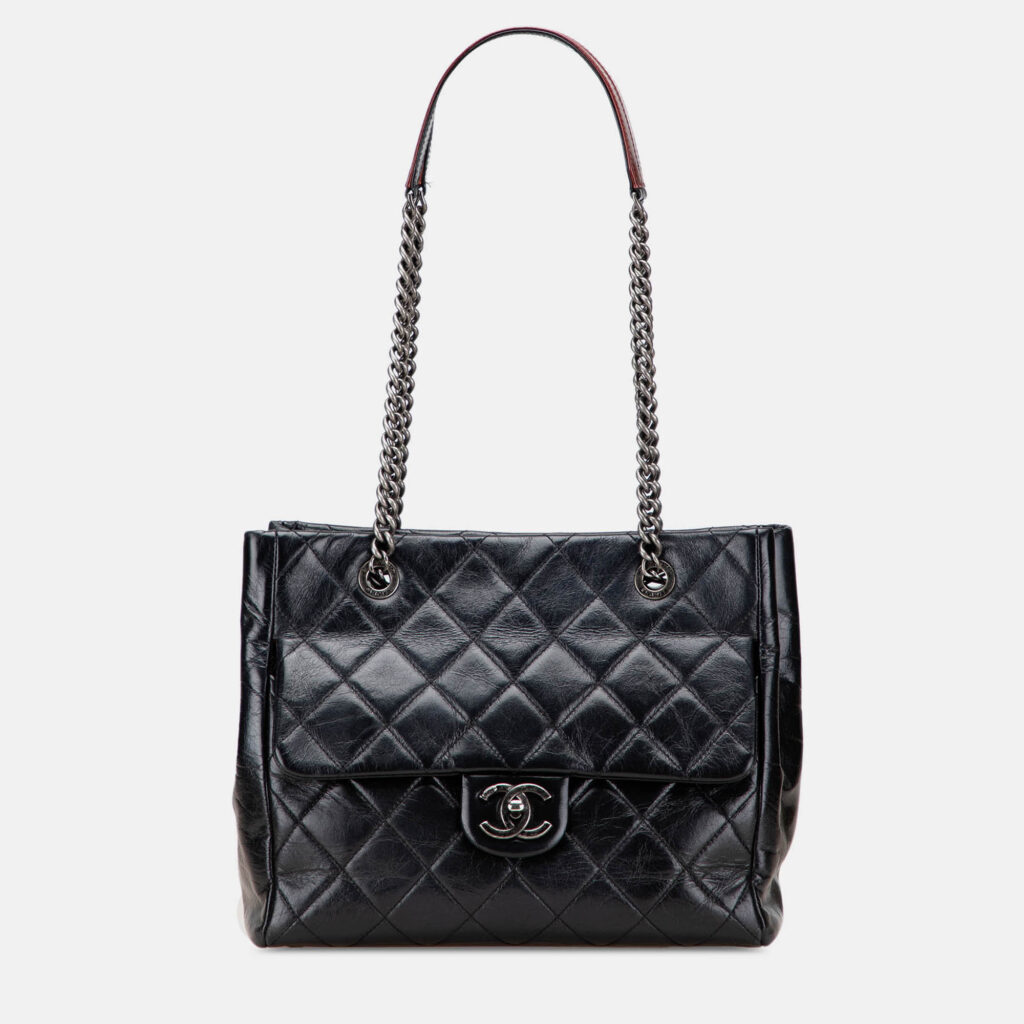 Chanel Black Small Quilted Glazed Calfskin Duo Color Tote Chanel Black Small Quilted Glazed Calfskin Duo Color Tote