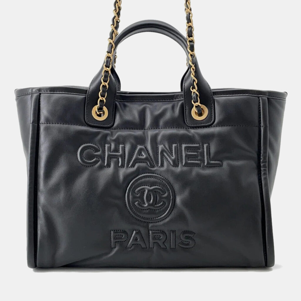 Chanel Deauville Small Black Lambskin Shopping Tote Bag Chanel Deauville Small Black Lambskin Shopping Tote Bag