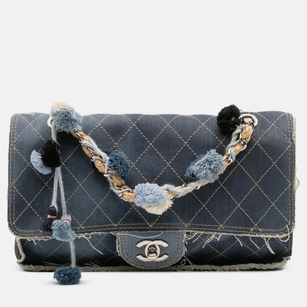 Chanel Blue Paris Dubai Medium Quilted Denim Pompom Flap Chanel Blue Paris Dubai Medium Quilted Denim Pompom Flap