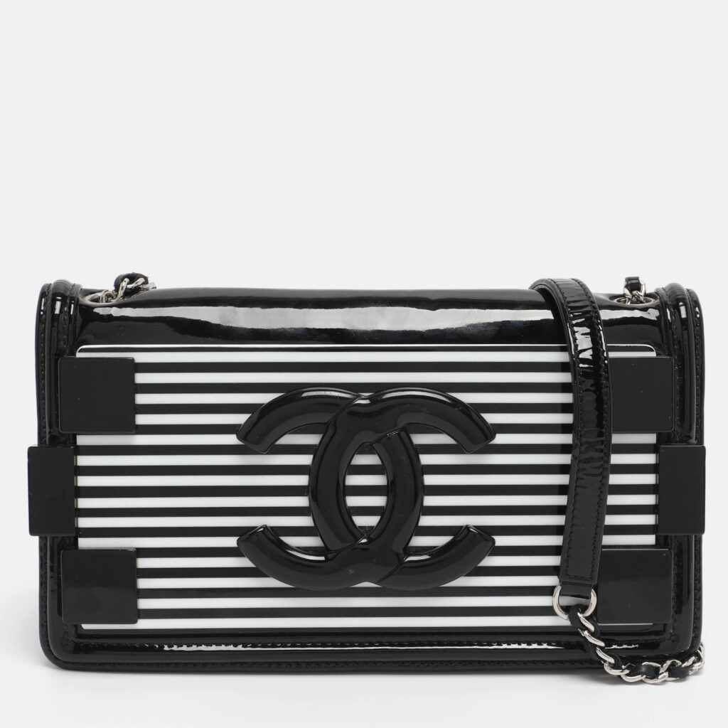 Chanel Black/White Stripe Plexiglass And Patent Leather East/West Boy Brick Flap Bag