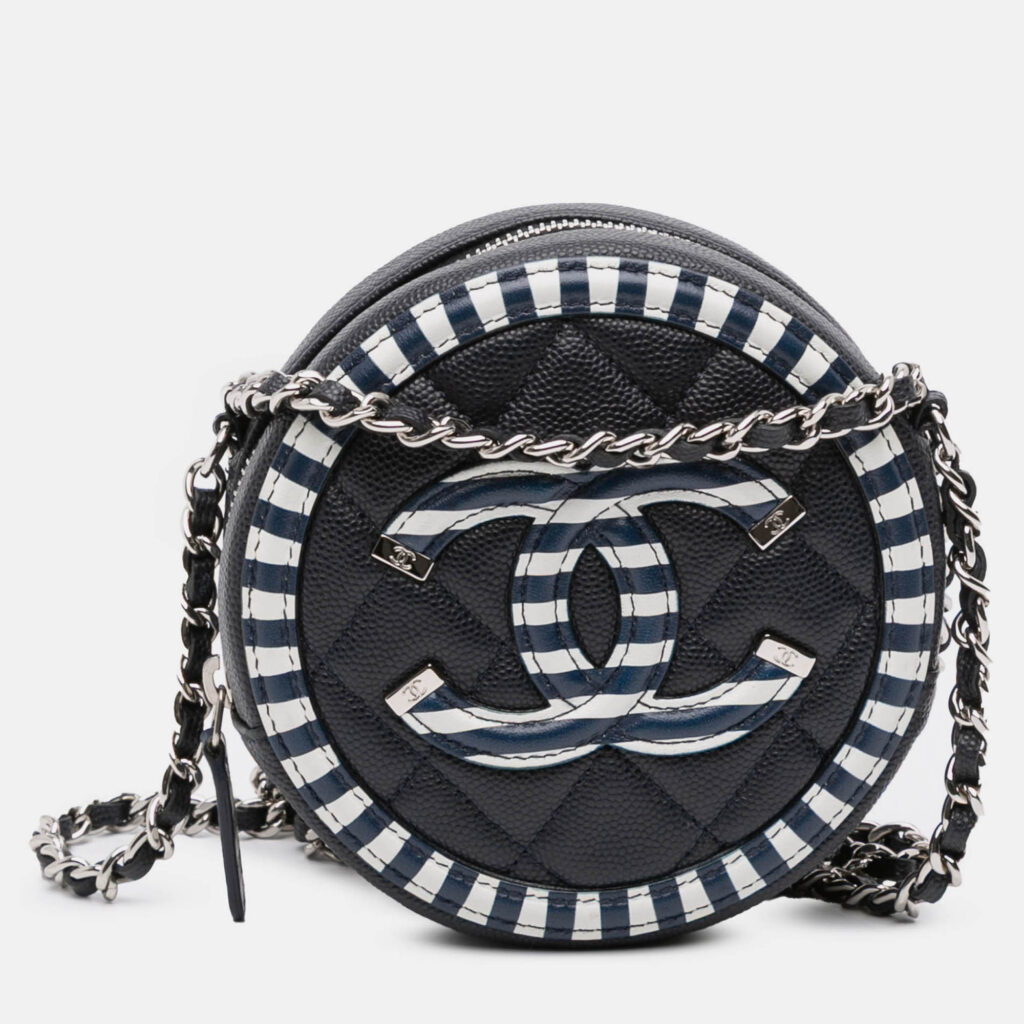 Chanel Blue Caviar Striped CC Filigree Round Crossbody