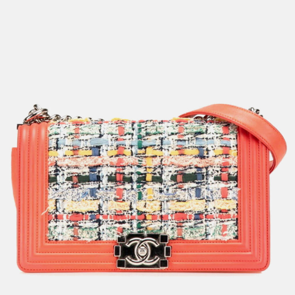Chanel Coco Mark Boy 25 Shoulder Bag In Orange Multicolored Tweed And Lambskin Chanel Coco Mark Boy 25 Shoulder Bag In Orange Multicolored Tweed And Lambskin