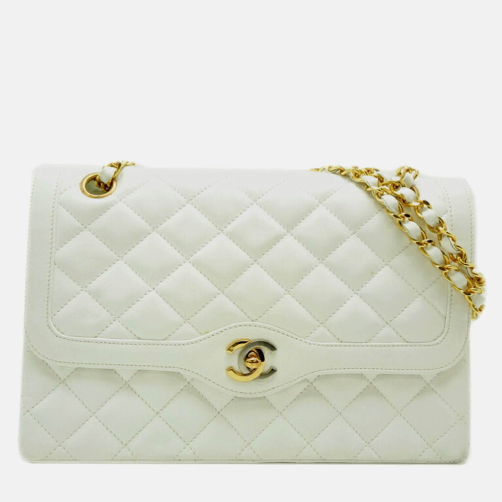 Chanel Paris Limited Edition Double Flap Shoulder Bag In White Lambskin Chanel Paris Limited Edition Double Flap Shoulder Bag In White Lambskin