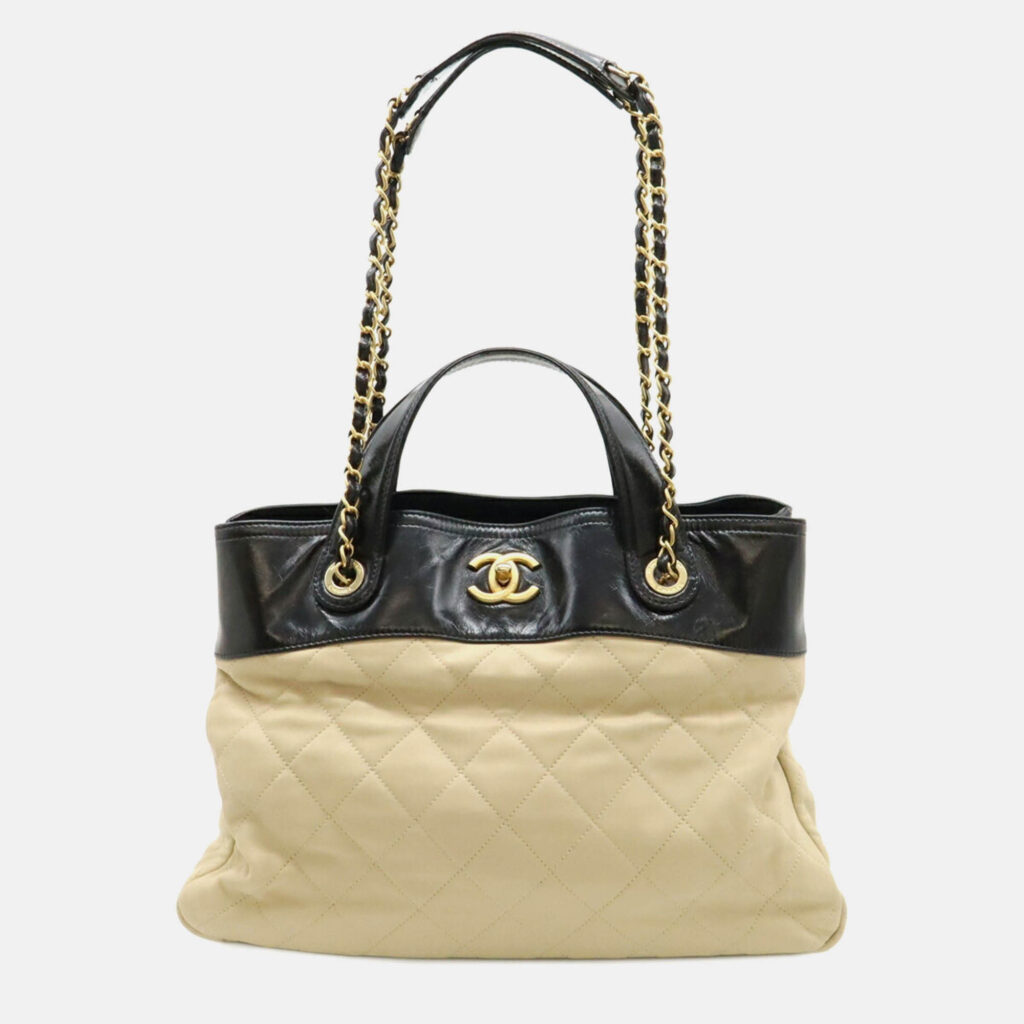 Chanel Matelasse In The Mix Chain Shoulder Tote Bag Handbag Leather Beige Black
