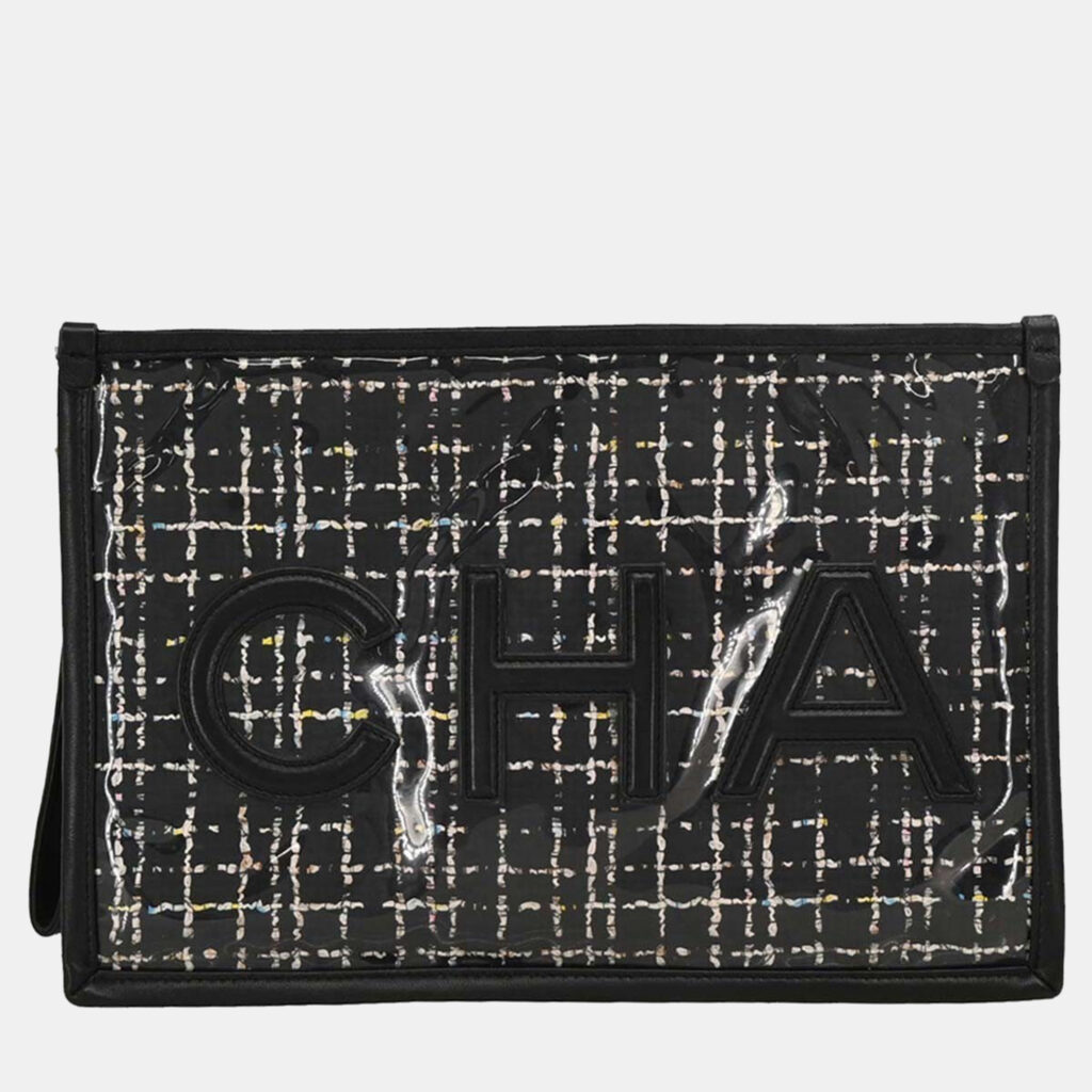 luxury-women-chanel-used-handbags-p1210740-004-1.jpg Chanel Black Lambskin Coated Canvas Clutch Bag
