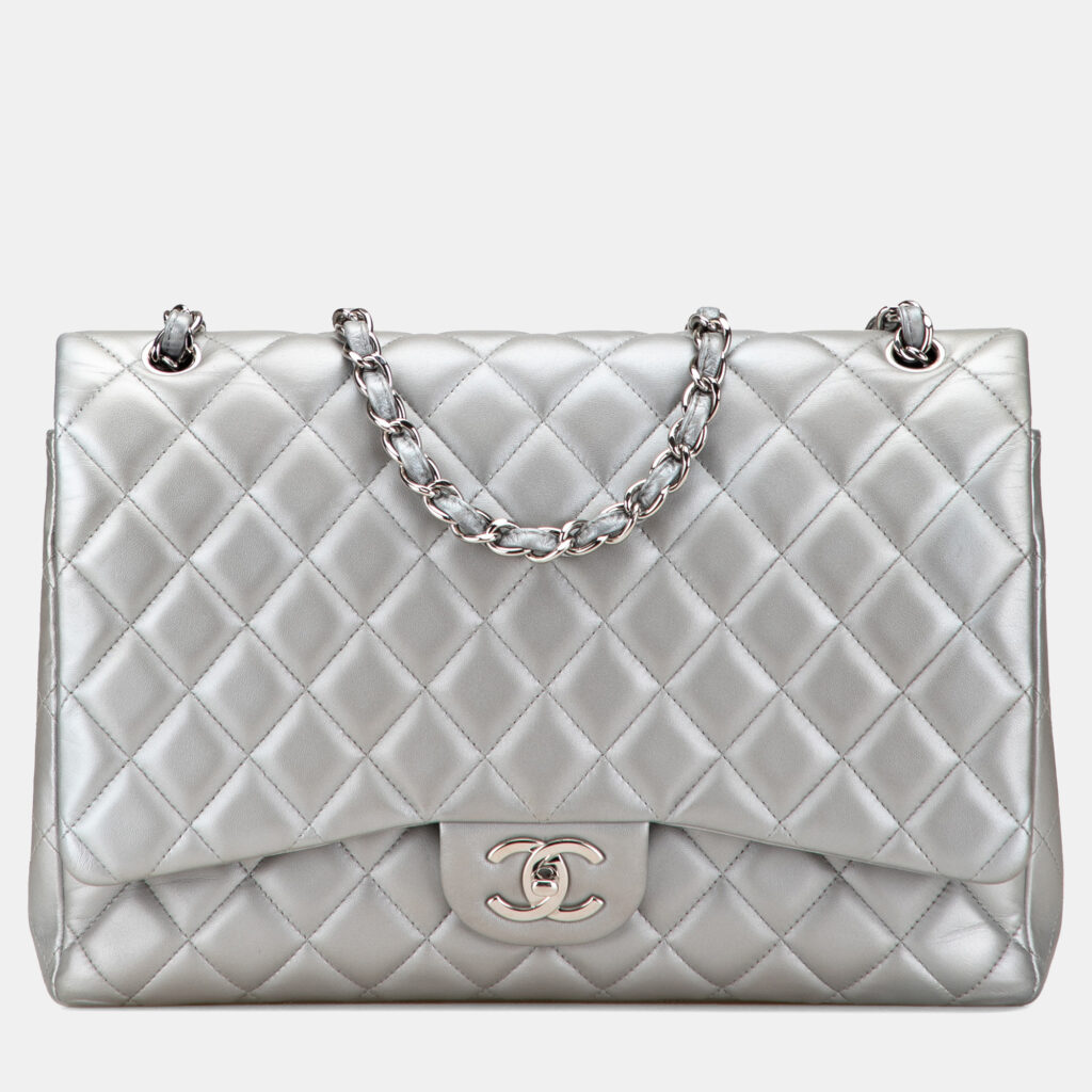 Chanel Silver Maxi Classic Lambskin Double Flap