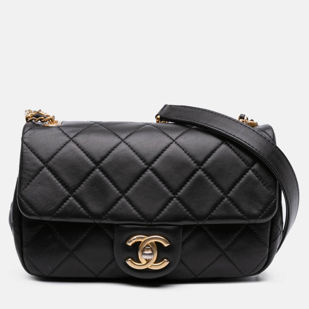 Chanel Black Mini Quilted Calfskin Crystal Pearls Chain Flap Chanel Black Mini Quilted Calfskin Crystal Pearls Chain Flap