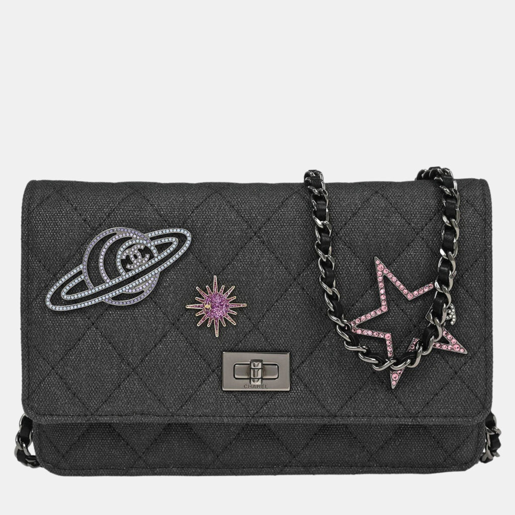 Chanel Gray Canvas Rhinestone Mademoiselle Lock Wallet on Chain WOC Chanel Gray Canvas Rhinestone Mademoiselle Lock Wallet on Chain WOC