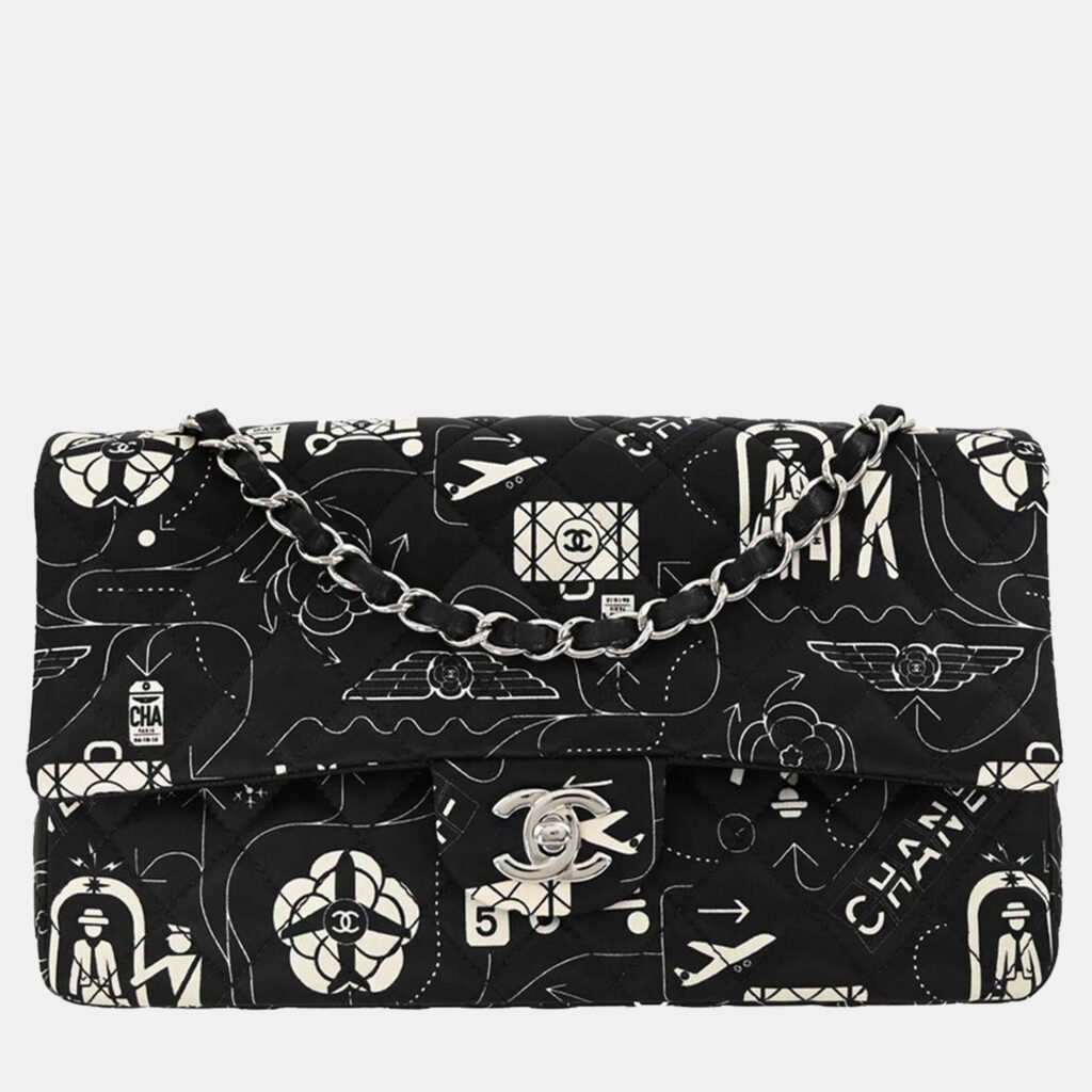 Chanel Black Satin Airline Medium Classic Double Flap Shoulder Bag Chanel Black Satin Airline Medium Classic Double Flap Shoulder Bag