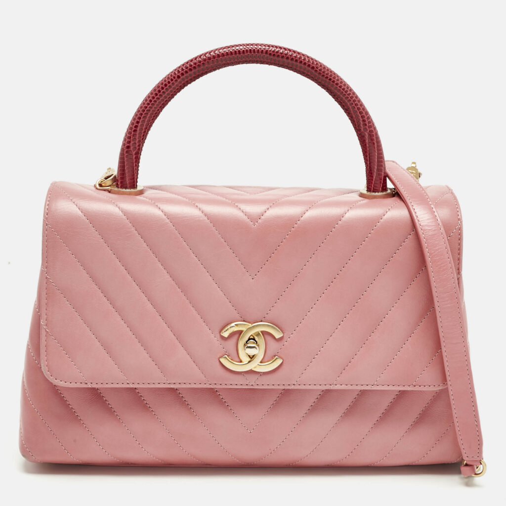 Chanel Pink/Fuchsia Chevron Leather and Lizard Small Coco Top Handle Bag