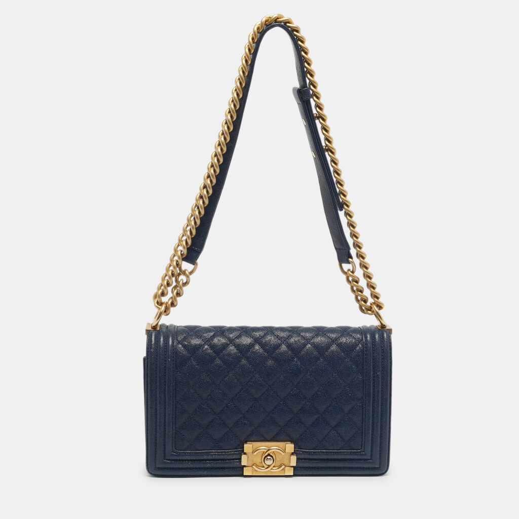 Chanel Navy Blue Caviar Quilted Leather Medium Boy Flap Bag Chanel Navy Blue Caviar Quilted Leather Medium Boy Flap Bag