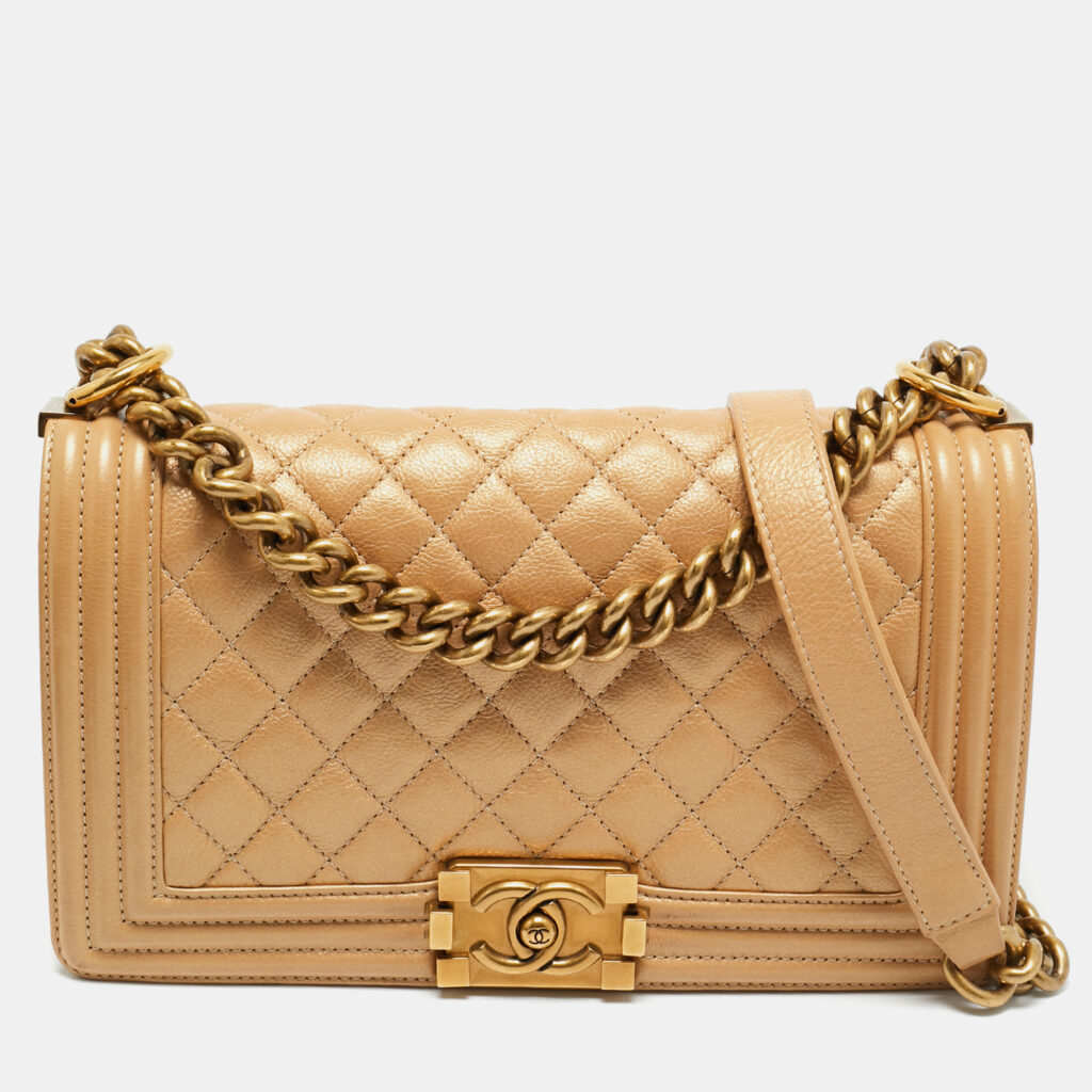 Chanel Beige Shimmer Quilted Leather Medium Classic Boy Flap Bag Chanel Beige Shimmer Quilted Leather Medium Classic Boy Flap Bag