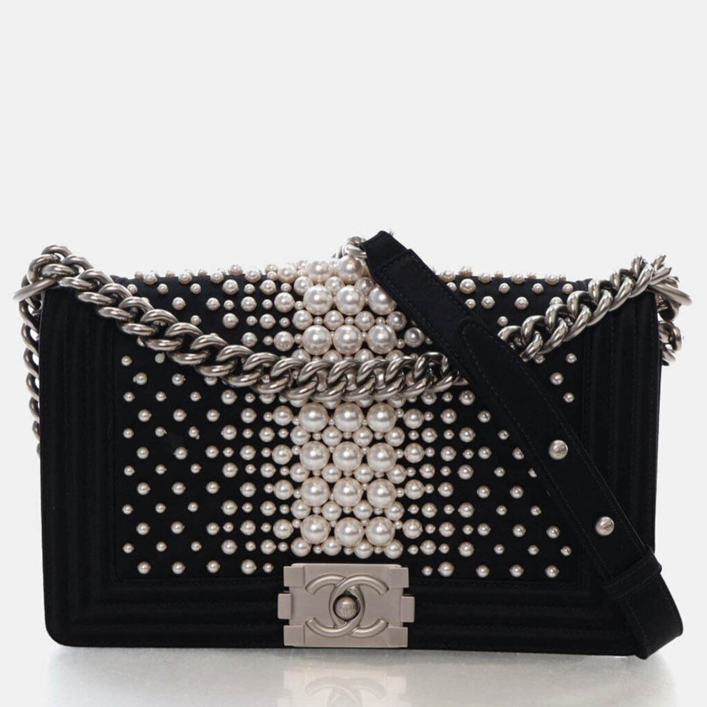 Chanel Medium Pearl Embellished Satin Boy Bag Chanel Medium Pearl Embellished Satin Boy Bag