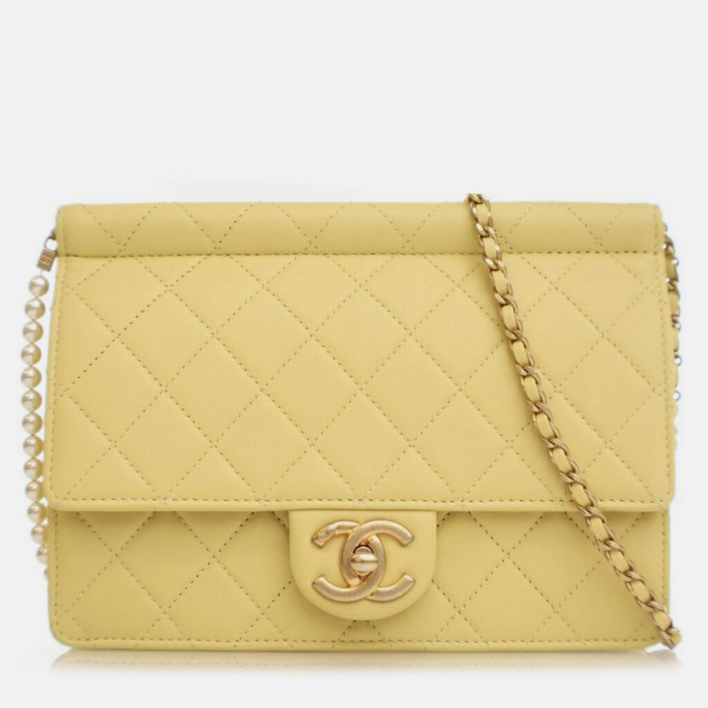 Chanel Medium Yellow Lambskin Chic Pearls Flap Bag Chanel Medium Yellow Lambskin Chic Pearls Flap Bag