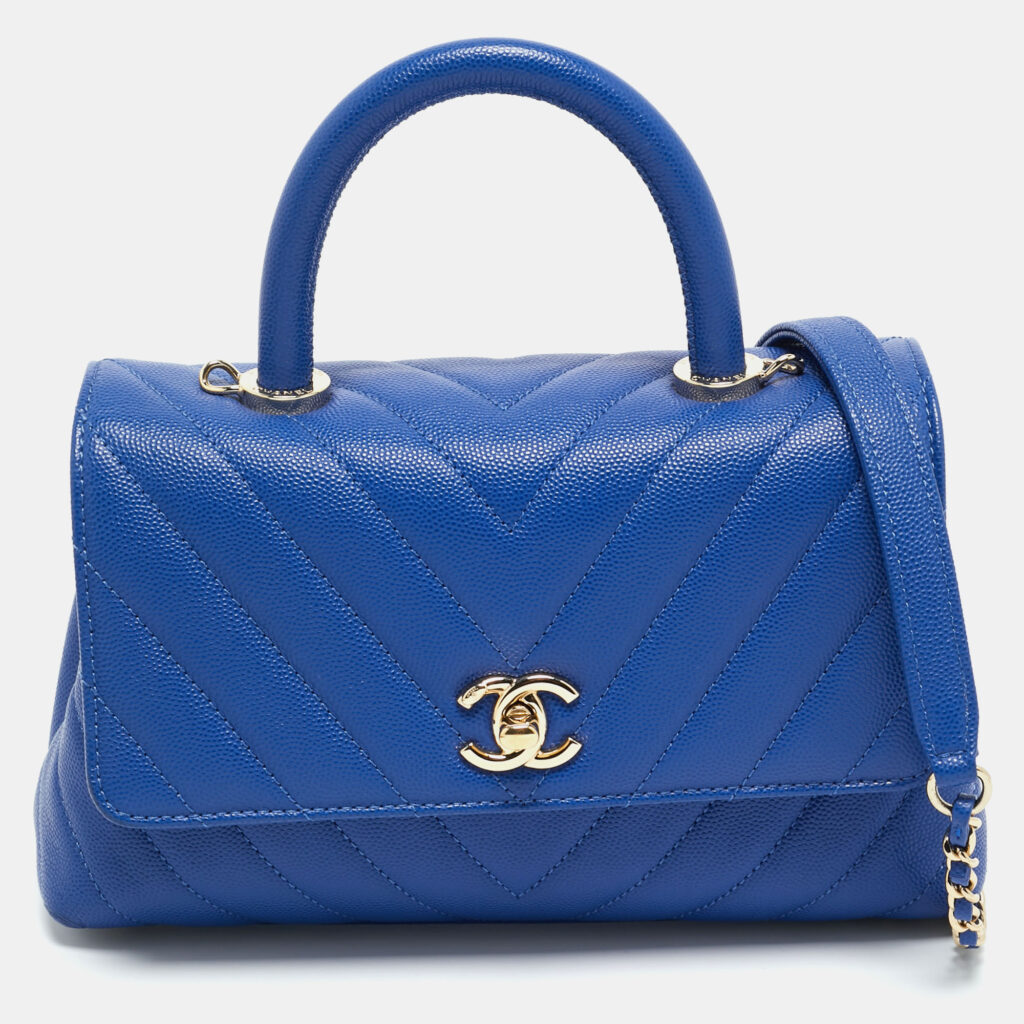 Chanel Blue Chevron Caviar Leather Mini Coco Top Handle Bag